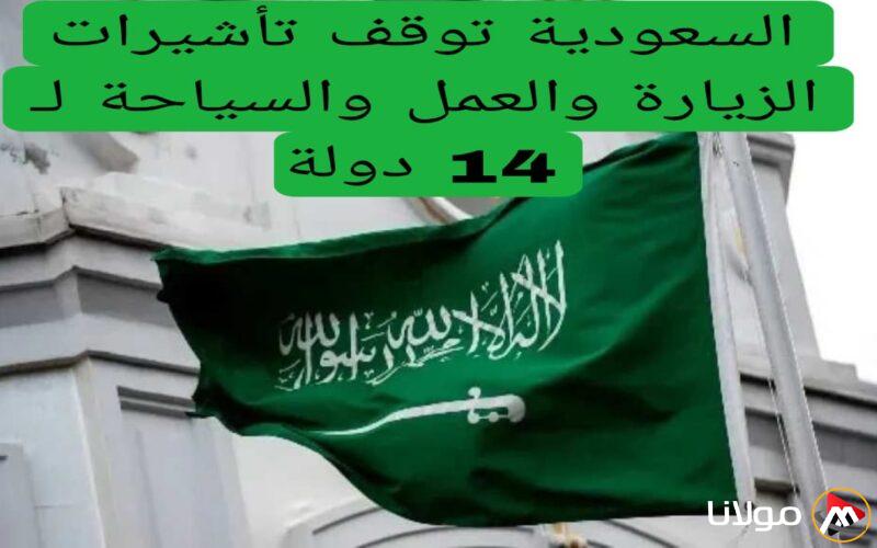 السعودية تقرر تعليق تأشيرات الزيارة والعمل والسياحة لـ 14 دولة، تشمل 8 دول عربية.