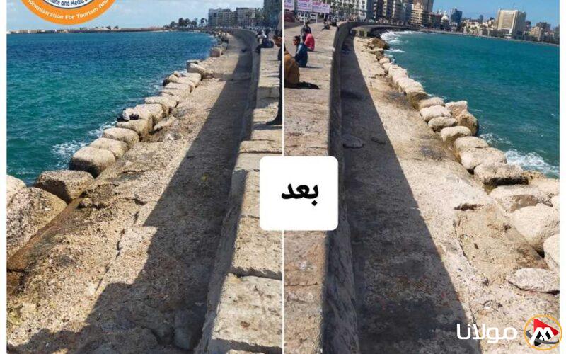 الهيئة المسؤولة عن السياحة في الإسكندرية تتخلص من تراكمات القمامة في كورنيش محطة الرمل استجابة لشكوى أحد المواطنين