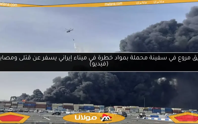 حريق مروع في سفينة محملة بمواد خطرة في ميناء إيراني يسفر عن قتلى ومصابين (فيديو)