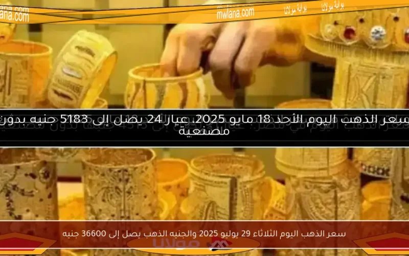 سعر الذهب اليوم الثلاثاء 29 يوليو 2025 والجنيه الذهب يصل إلى 36600 جنيه