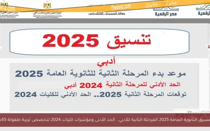 تنسيق الثانوية العامة 2025 المرحلة الثانية للأدبي.. الحد الأدنى ومؤشرات كليات 2024 لتخصص تربية طفولة 65%