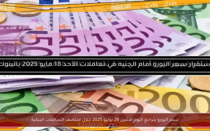 سعر اليورو يتراجع اليوم الاثنين 28 يوليو 2025 خلال منتصف التعاملات البنكية