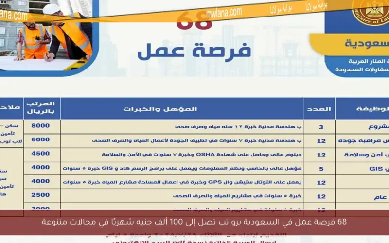 68 فرصة عمل في السعودية برواتب تصل إلى 100 ألف جنيه شهريًا في مجالات متنوعة