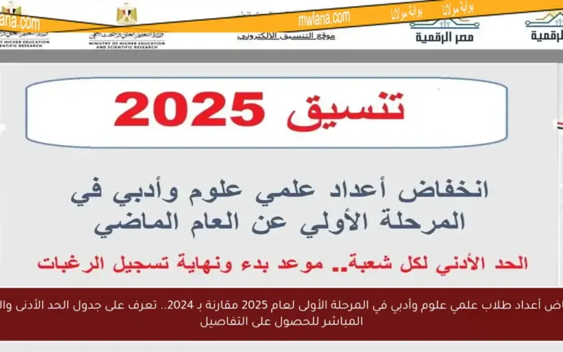 انخفاض أعداد طلاب علمي علوم وأدبي في المرحلة الأولى لعام 2025 مقارنة بـ 2024.. تعرف على جدول الحد الأدنى والرابط المباشر للحصول على التفاصيل