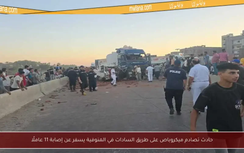 حادث تصادم ميكروباص على طريق السادات في المنوفية يسفر عن إصابة 11 عاملًا