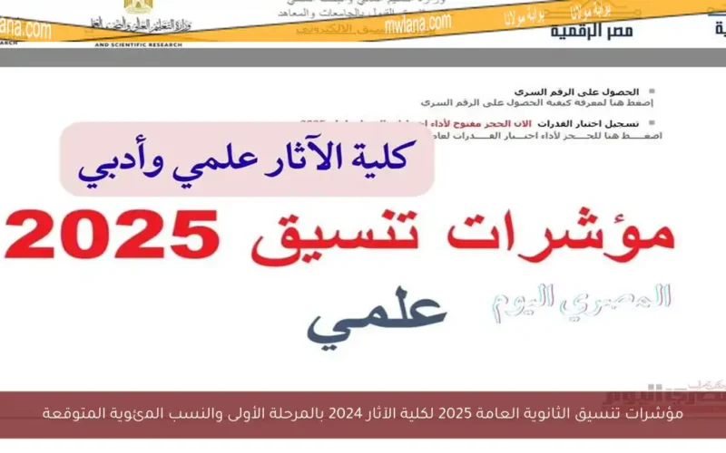 مؤشرات تنسيق الثانوية العامة 2025 لكلية الآثار 2024 بالمرحلة الأولى والنسب المئوية المتوقعة