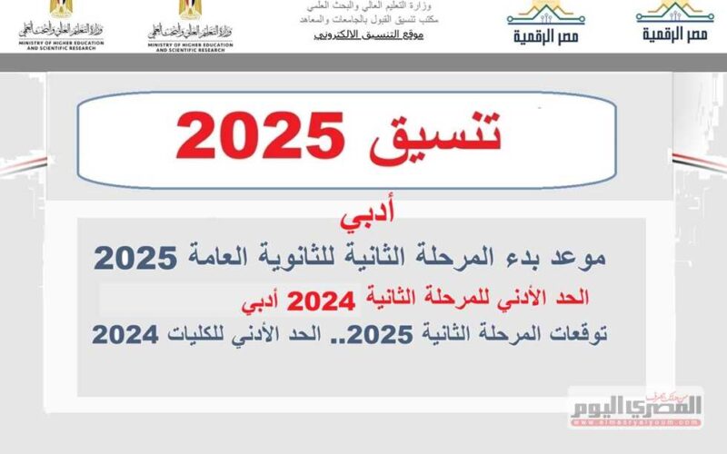 موعد تنسيق المرحلة الثانية للثانوية العامة 2025 للأدبي.. الحد الأدنى ومؤشرات كليات 2024 مثل تربية الطفولة 65%