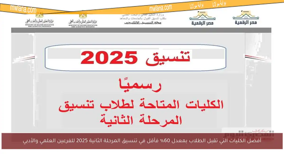 أفضل الكليات التي تقبل الطلاب بمعدل 60% فأقل في تنسيق المرحلة الثانية 2025 للفرعين العلمي والأدبي