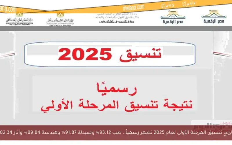 نتائج تنسيق المرحلة الأولى لعام 2025 تظهر رسمياً.. طب 93.12% وصيدلة 91.87% وهندسة 89.84% وآثار 82.34%